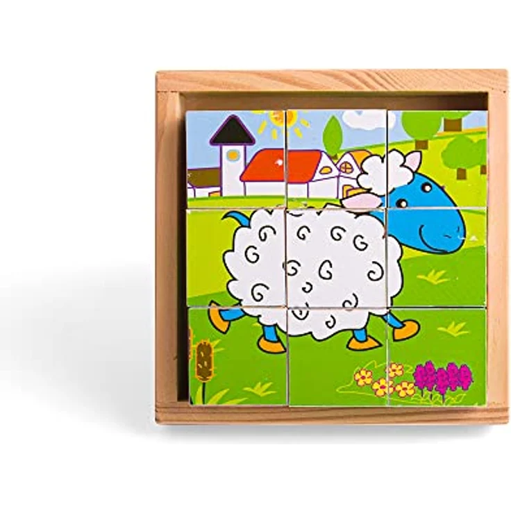 Bigjigs Farm Animals Block Puzzle, Holzpuzzle mit 6 verschiedenen Bauernhoftieren, inklusive stabiler Holzkiste – Bild 6