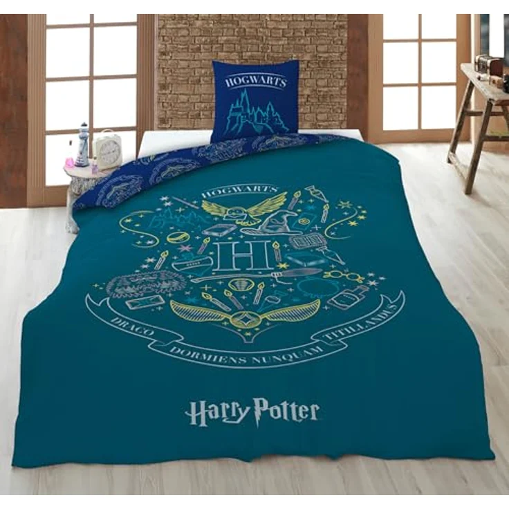 Aymax Parure de lit réversible Harry Potter - Blason -Hogwarts- - Bleue et Vert - 140 cm x 200 cm – Bild 3