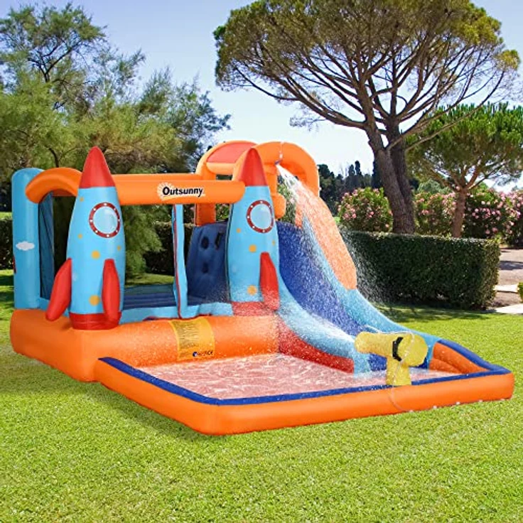 Outsunny Aufblasbare Hüpfburg mit Rutsche für 4 Kinder, Spielhaus mit Gebläse und Raketenmuster, Oxford-Polyester-Gewebe, mehrfarbig, 350 x 250 x 185 cm – Bild 2