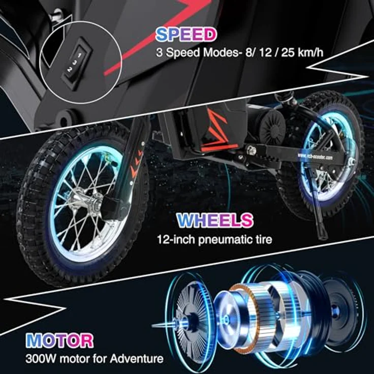 RCB R9X Elektro Motorrad, 12 Zoll Luftreifen, 300 W Motor, 5,2Ah Akku, 3 Geschwindigkeitsmodi bis 25 km/h, Reichweite 17 km, Kinder Moto Crossbike – Bild 4