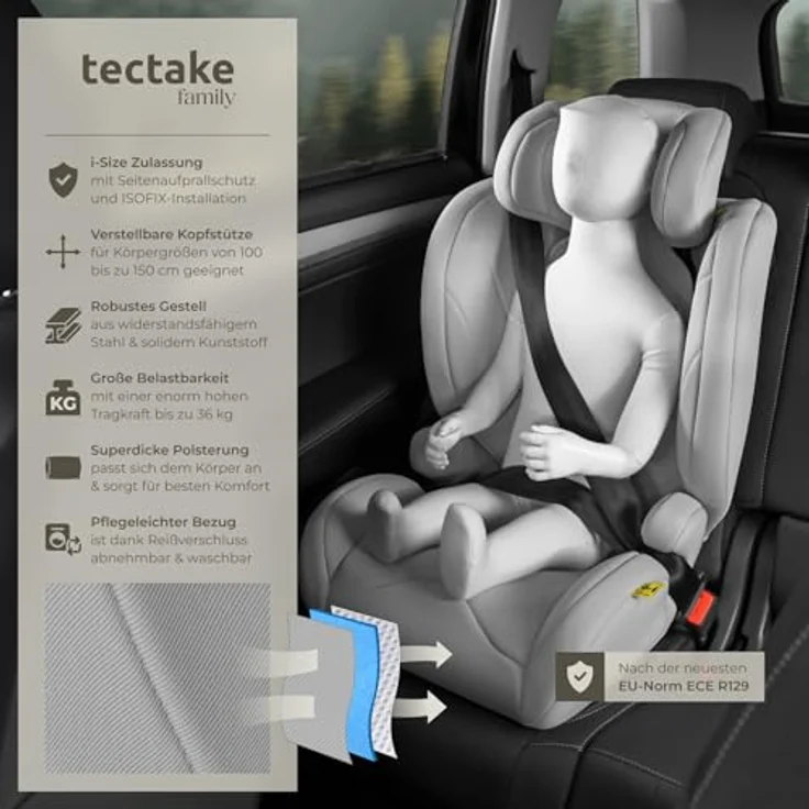 tectake Levi Autokindersitz, i-Size zugelassen für Gruppe I/II/III (9-36 kg), stufenlos höhenverstellbare Kopfstütze, pflegeleichter Bezug – Bild 2