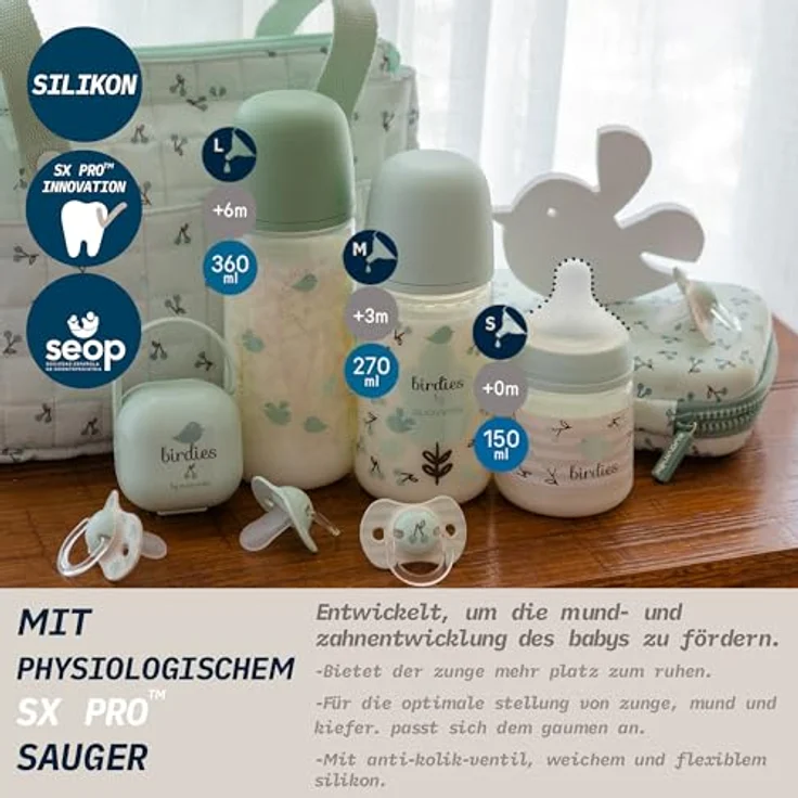 Suavinex Babyflasche 150 ml mit SX Pro Silikon-Sauger, Antikolik mit langsamem Fluss (S), Design Birdies Grün, ideal für Neugeborene ab 0 Monaten – Bild 3