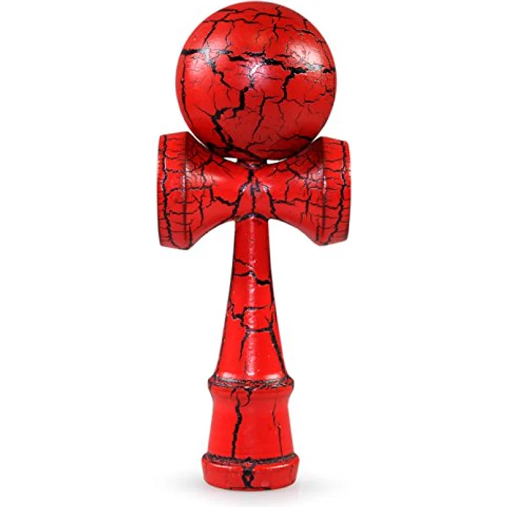 Ganzoo Kendama, traditionelles Geschicklichkeitsspiel aus Buche, 16 cm, rot schwarz, reißfestes Nylonseil, 3 Fangmulden, Auffangstift – Bild 1