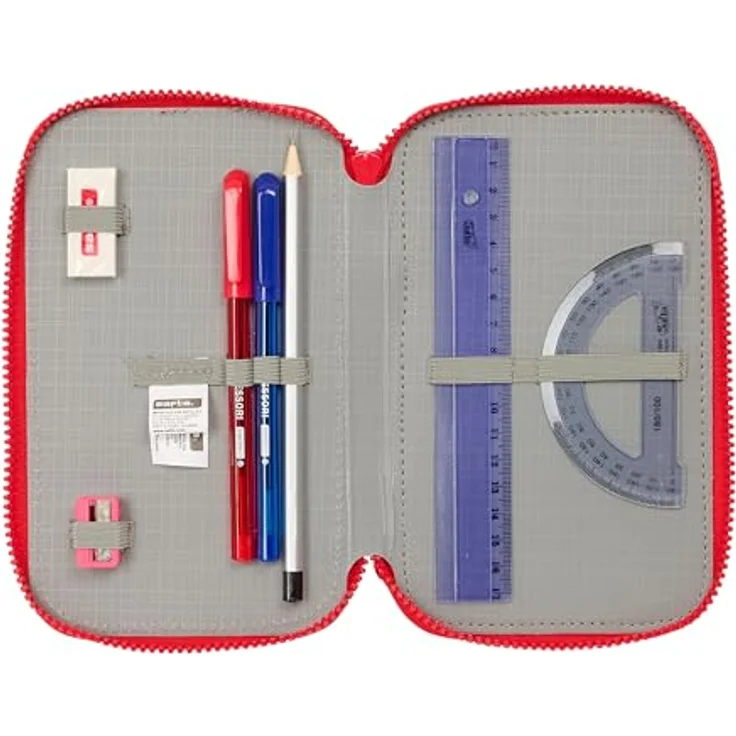 Safta Federmäppchen Atletico de Madrid, dreifach Federmäppchen mit 36 Teilen, inkl. Radiergummi, Bleistift, 16 Holzfarbstiften und 14 farbigen Markern, 12,5x5,5x19,5cm – Bild 4