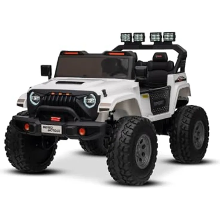 RIRICAR Beneo Motors OFFRIDE 4x4², Elektrisches Zweisitzer Kinderauto 12V in Weiß, MP3-Player mit USB/AUX, 4x4 Antrieb, Lithium-Akku, große EVA-Räder mit Hinterradfederung, Fernbedienung, LED-Lichter