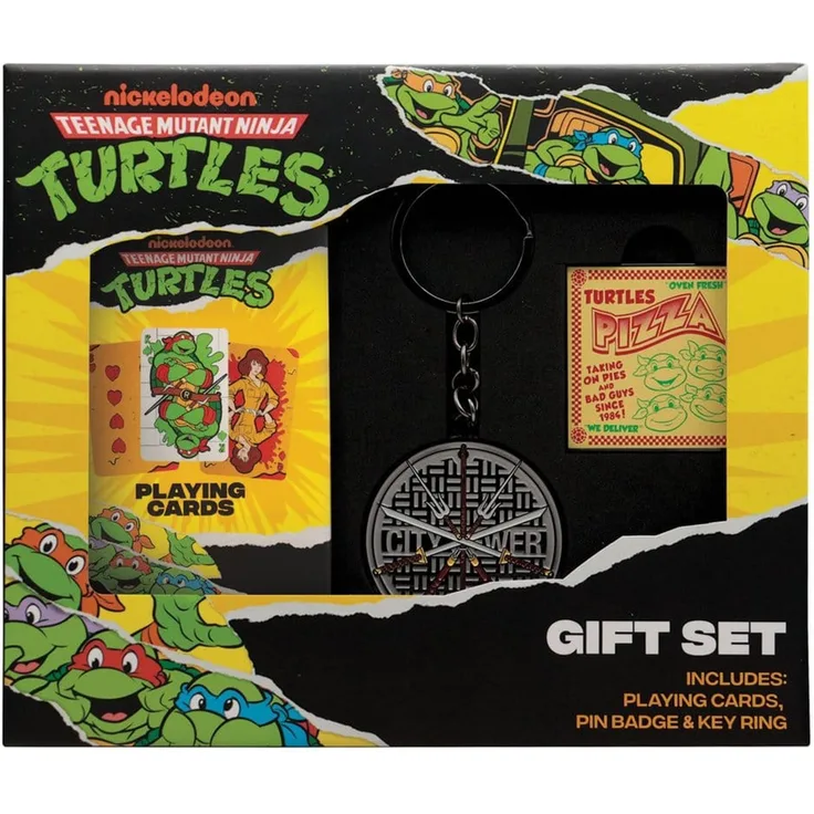 Fanattik Teenage Mutant Ninja Turtles Cowabunga Geschenkset, offizielles Merchandise mit Pizzastück-Schlüsselanhänger, Pizza-Box-Pin und TMNT-Spielkarten