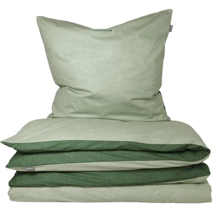 Schiesser Feinbiber Wendebettwäsche Doubleface, 100% Baumwolle, Farbe:Hellgrün-Grün, Größe:135 cm x 200 cm – Bild 1