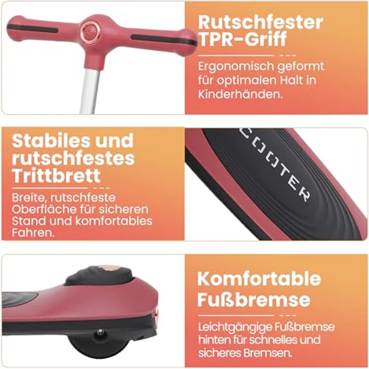 Habib Gruppe Kinderroller Tretroller 3-Rad mit LED Frontlicht und Rücklicht, faltbar, höhenverstellbar, rutschfest und pannensicher (Rot) für Kinder von 3-10 Jahren – Bild 4