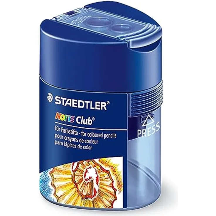 STAEDTLER Doppelspitzdose Noris Club, zwei Spitzlöcher für unterschiedliche Stiftformate, mit Verschlussdeckel, dreikant, blau transparent, 512 128