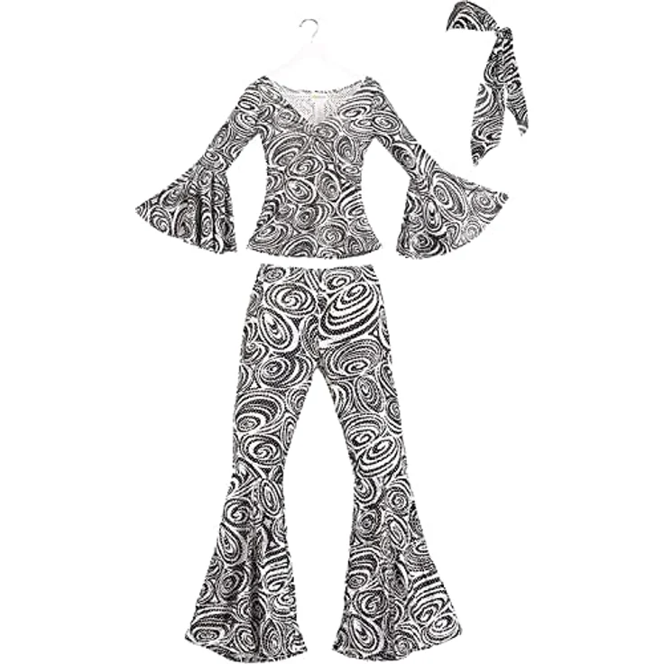 Metamorph Disco Wirbelwind Kostüm (XL), silbernes Outfit mit Glockenärmeln und seitlich geschlitztem Schlag, inklusive Stirnband – Bild 3