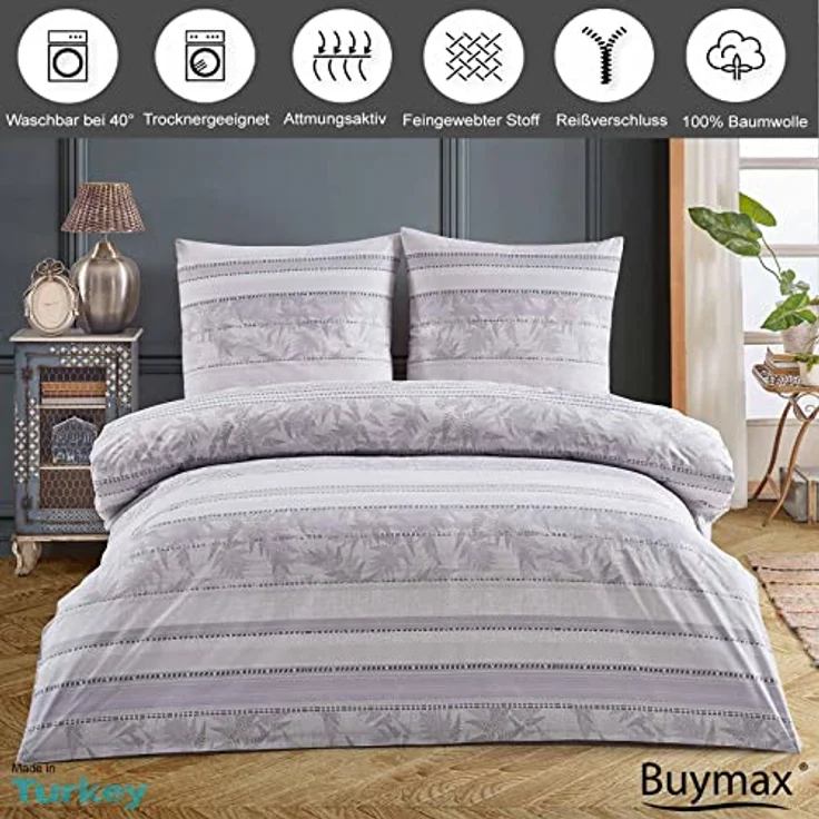Buymax Bettwäsche 135x200 Baumwolle 2-Teilig Bettgarnitur mit Bettbezug und Kissenbezug 80x80 Renforce Bettwäsche-Set Botanisch Blätter Zweige, Pastell Grau - Preisvergleich – Bild 2