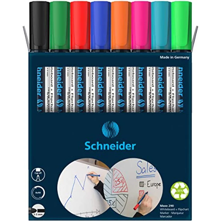 Schneider Maxx 290 Marker (für Whiteboards und Flipcharts, Rundspitze 2-3 mm Strichstärke, rückstandsfrei trocken abwischbar, hohe Qualität, kräftig und farbintensiv) Etui mit 8 Farben – Bild 2