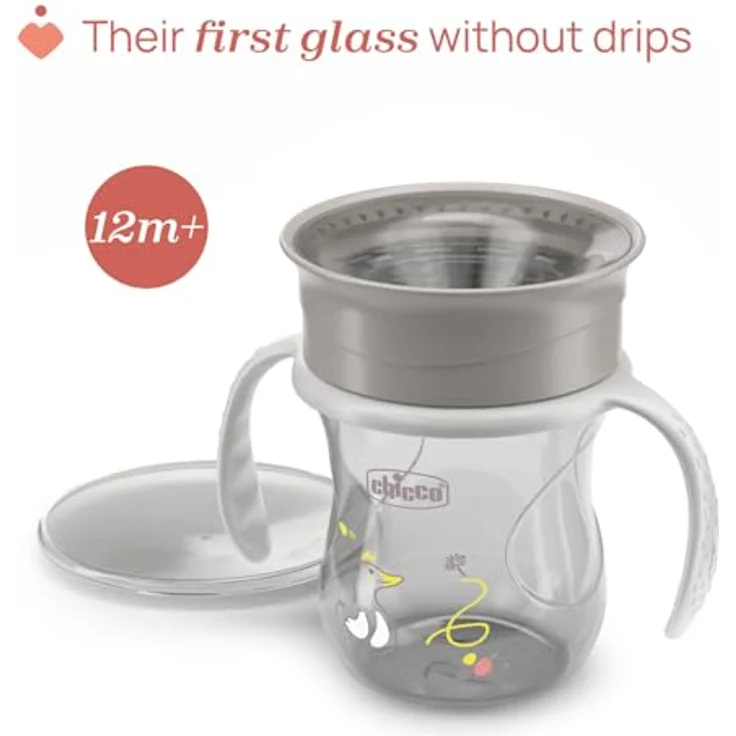 Chicco Perfect First Baby Trinklernbecher 200 ml, auslaufsicherer 360° Becher mit abnehmbaren Griffen, BPA-frei, Grau, für Kinder ab 12 Monaten – Bild 3