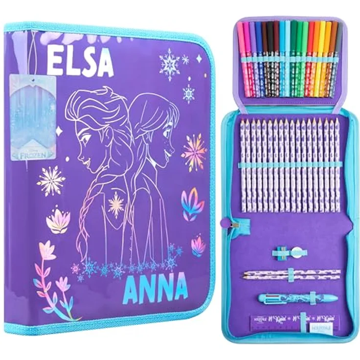 Disney Stitch Federmäppchen, gefüllt mit Schulsachen, lila Frozen Design, ideal für Schule und Freizeit