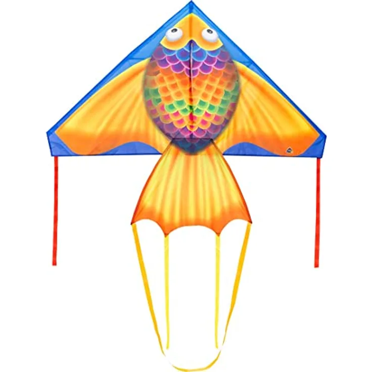 HQ Design Delta 140cm, Kinderdrachen Einleiner zum Steigen Lassen, für wenig Wind ab 5 Jahren, inkl. 17kp Polyesterschnur 40m, Regenbogenfisch Design