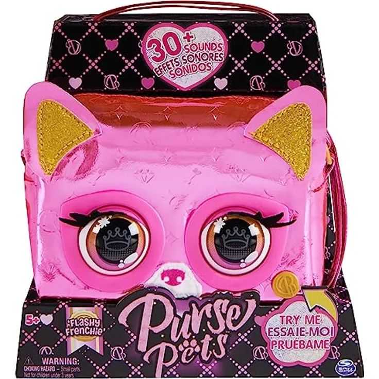 Purse Pets Metallic Magic Tiertasche, interaktive Tasche mit 30 Geräuschen, Musik und Spielen, rosa Hündchen oder silbrig gestreiftes Zebra, ab 5 Jahren