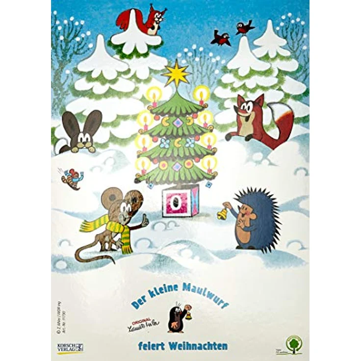 Korsch Adventskalender "Der kleine Maulwurf und seine Freunde", A4 Aufstellkalender mit 24 weihnachtlichen Motiven, illustriert von Zdenek Miler, Glitterlack verziert – Bild 3