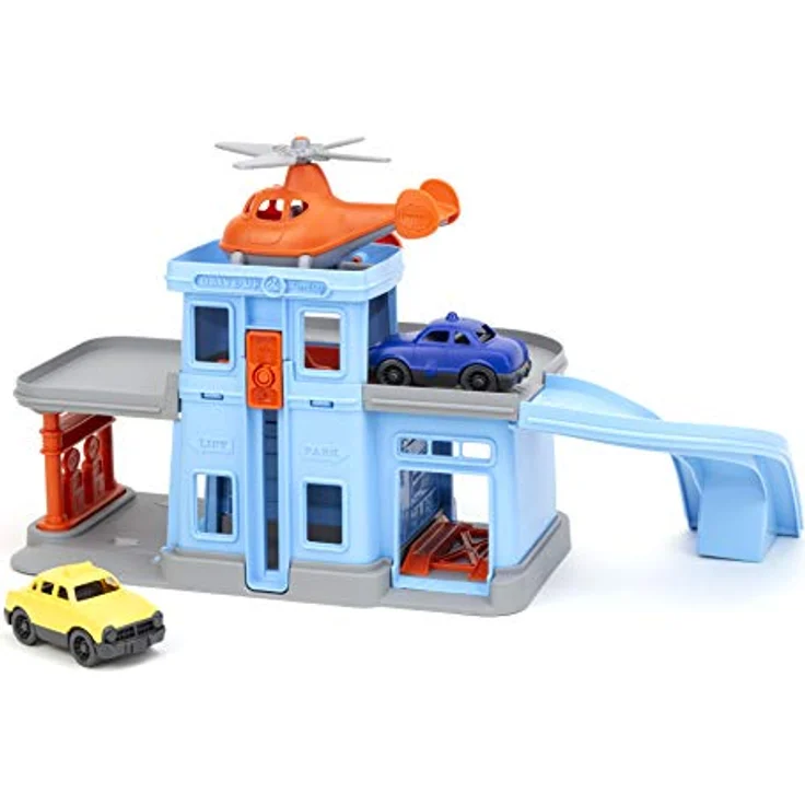 Green Toys 8601312 Parkgarage mit Hubschrauber und 2 Autos, Spielset aus 100% recyceltem Kunststoff, für Kinder ab 3 Jahren – Bild 3