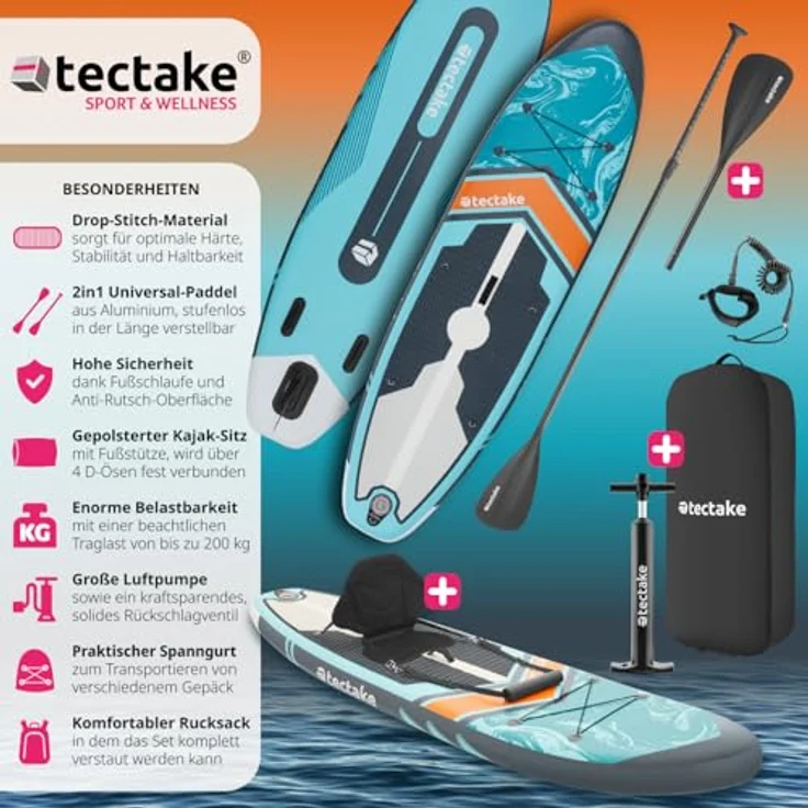 tectake SUP-Board Zenon, aufblasbares Stand-Up Paddle Board, Belastbarkeit 200 kg – Bild 2