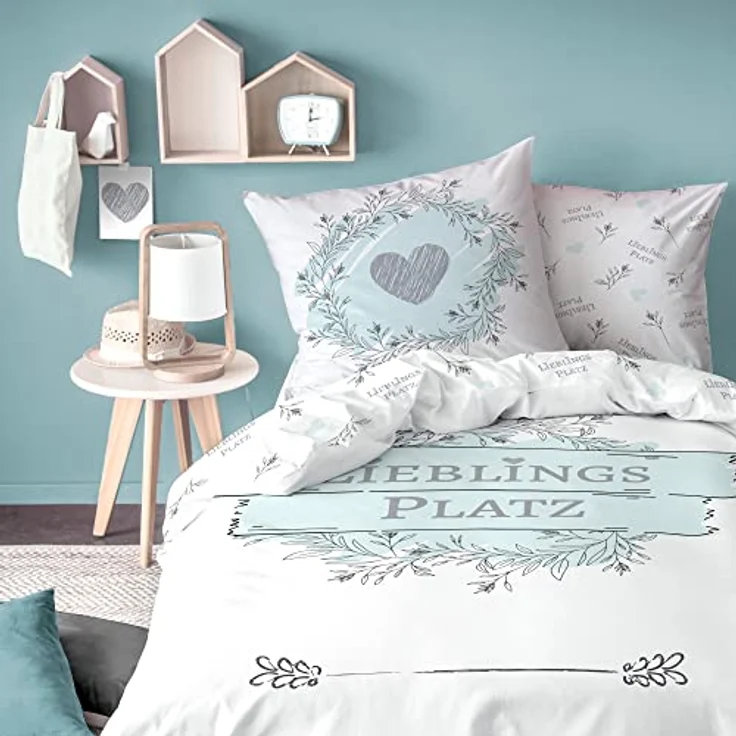 MTOnlinehandel LIEBLINGSPLATZ Bettwäsche 135x200 Baumwolle · Bettwäsche-Set · Teenager & Erwachsene, Blumen, Herz & Spruch - Kissenbezug 80x80 + Bettbezug 135x200 cm - 100% Baumwolle – Bild 2