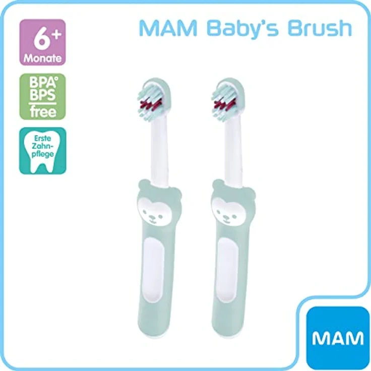 MAM Baby's Brush im 2er-Set, Baby Zahnbürste mit kurzem Griff zum einfachen Halten, Kinderzahnbürste zur sanften Zahnreinigung, ab 6+ Monate, türkis – Bild 3