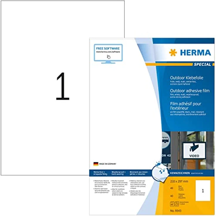 Herma 40 Folien-Kraftklebe-Etiketten 9543, selbstklebend, weiß, 210 mm x 297 mm, A4, bedruckbar, reißfest, wasserabweisend – Bild 1