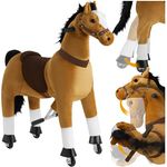 tectake® Schaukelpferd, Plüsch Pferd auf Rollen, Spielzeug zum Reiten - für Kinder, Outdoor - 34 x 89 x 100 cm, Stabiles Stahlgestell, Weicher Plüschbezug