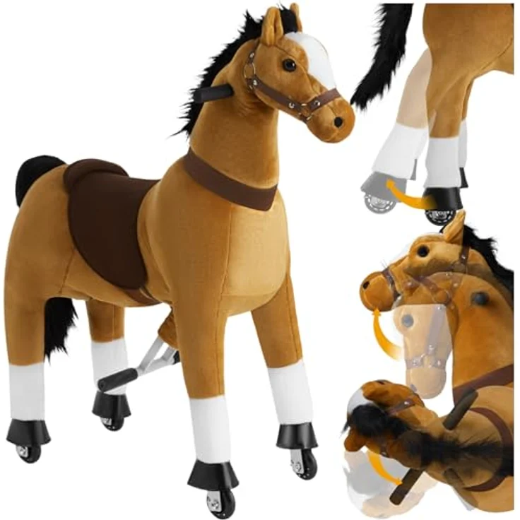 tectake® Schaukelpferd, Plüsch Pferd auf Rollen, Spielzeug zum Reiten - für Kinder, Outdoor - 34 x 89 x 100 cm, Stabiles Stahlgestell, Weicher Plüschbezug – Bild 1