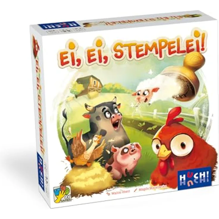 Huch Ei, Ei Stempelei!, Würfel- und Stempelspiel mit sechs farbigen Stempeln für 2-4 Spieler, Deutsch