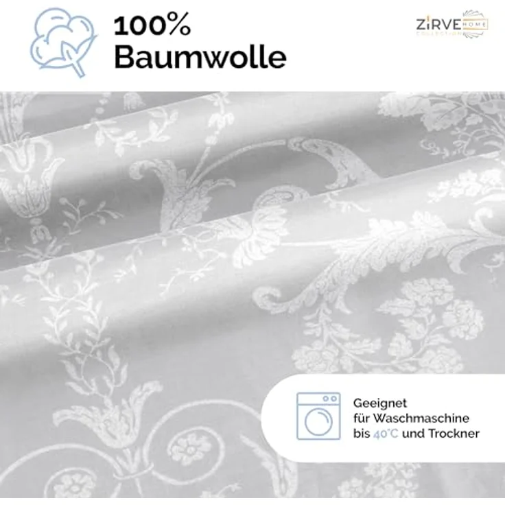 ZIRVEHOME Bettwäsche 135x200 cm. grau, 100% Baumwolle/Renforcé, 2 teilig Set Wende bettbezug aus Baumwolle mit weiß barock Muster, Verdeckter Reißverschluss, 1 mal Kissenbezug 80x80 cm. Alone V1 - Preisvergleich – Bild 4