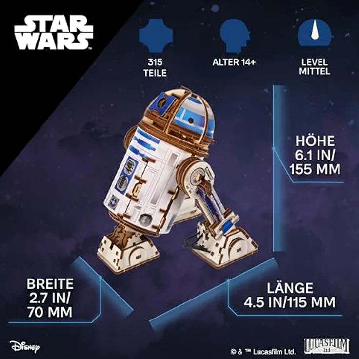 UGEARS R2-D2 3D Holzpuzzle, mechanisches DIY Set mit beweglichen Teilen und LED-Licht für Erwachsene, Bastelset Star Wars Geschenke – Bild 2
