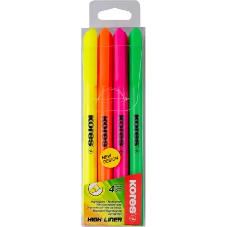 Kores - High Liner: Feine neonfarbene Textmarker, Keilspitze und Tinte auf Wasserbasis, Schul- und Bürobedarf, 4er-Pack sortierte Farben