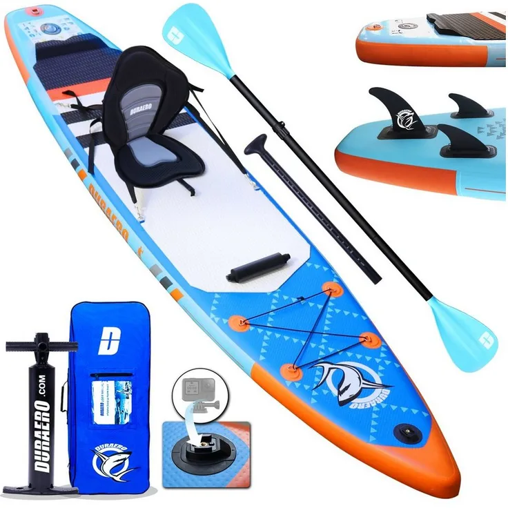 DURAERO Inflatable SUP-Board Stand up Paddle Board, 330x76x15cm, bis 150kg, inkl. Drei Finnen und Kajak Sitz, blau