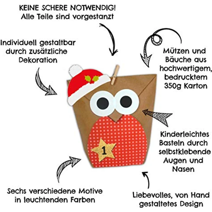 Papierdrachen DIY Adventskalender zum Befüllen - Weihnachtseulen - Eulen Weihnachten - Set Rot mit zusätzlichen Aufklebern - zum selbst basteln - für Kinder – Bild 5