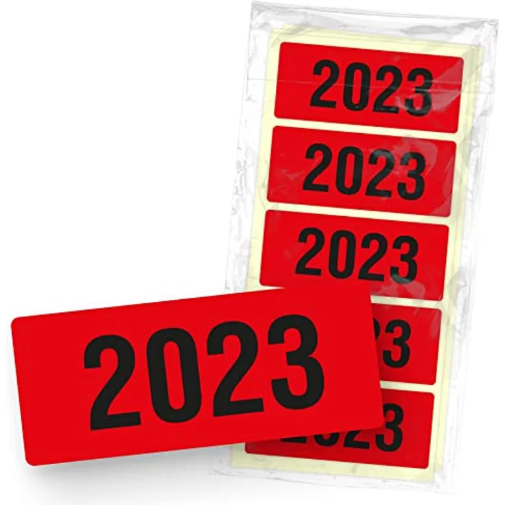 itenga 50x Jahresetiketten Ordner Inhaltsschild Jahreszahl I Aufkleber für Akten selbstklebend aus Haftpapier Rechteckig 6x2,5cm (Kalenderjahr 2023 rot) – Bild 1