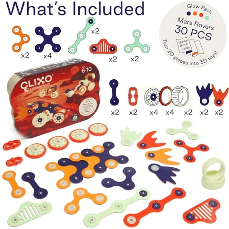 Clixo Mars Rover Pack, Magnetisches Bauspielzeug mit nachtleuchtenden Rädern, 30 Flexible Magnetteile für STEM-Erkundung & Abenteuer – Bild 3