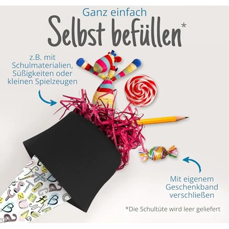 itenga Geschwisterschultüte 35cm, Geschenkverpackung für Schüler und Studenten, Motiv Buchstaben, rund mit Filzverschluss, ideal zum Schulstart und Ausbildungsbeginn – Bild 5