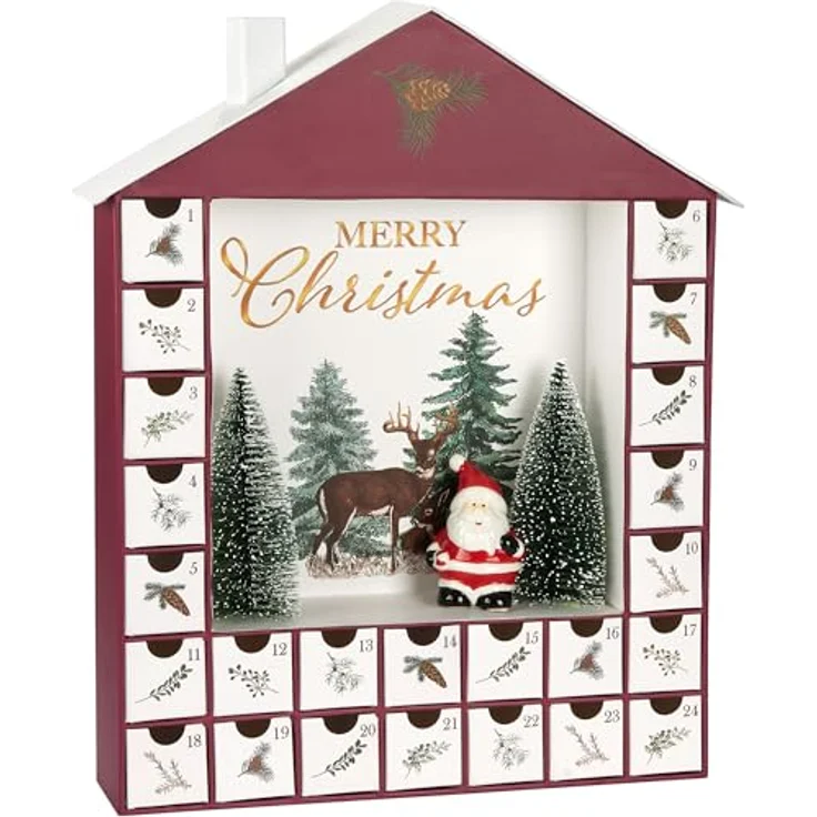 BRUBAKER Adventskalender zum Befüllen - Haus 2025 - bordeauxroter DIY Weihnachtskalender mit Keramik Weihnachtsmann, 24 Schubfächer für Gutscheine und Süßigkeiten, 44 cm hoch – Bild 3