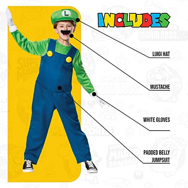 Disguise Super Mario Bros DISK10773L Luigi Kostüm, Jungen, S, Deluxe mit gepolstertem Bauch, Hut und Handschuhen – Bild 3