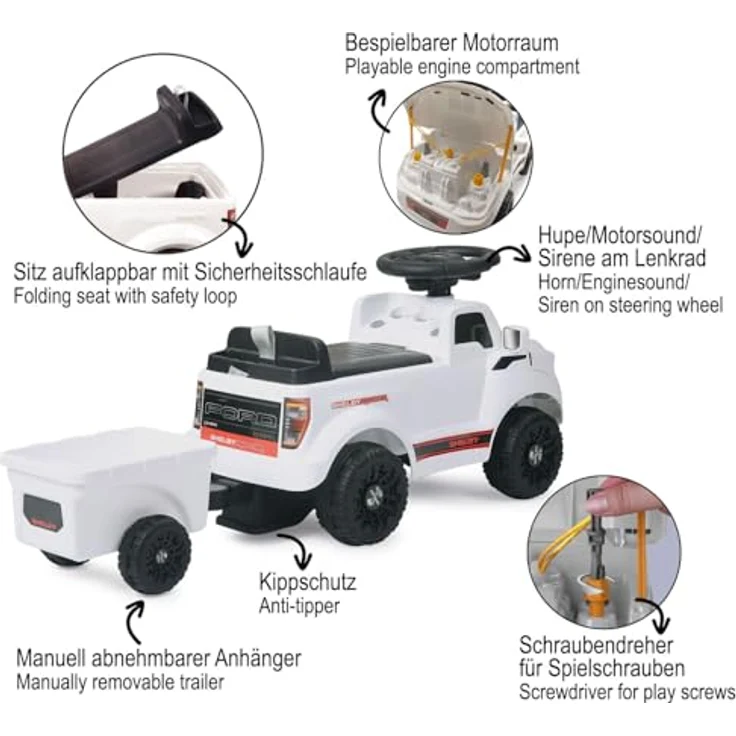 Weiss Rutscher Shelby Ford F-150 Raptor, Kinderfahrzeug mit Anhänger, weiss, ideal für Kleinkinder ab 12 Monaten mit Spielfunktionen – Bild 4