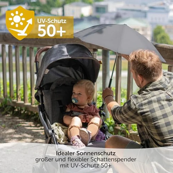 Zamboo Universal Sonnenschirm UV 50+ für Kinderwagen & Buggy | flexibler Sonnenschutz mit 73 cm Durchmesser, Grau – Bild 2