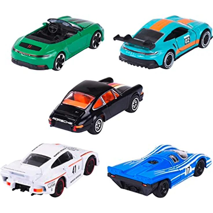 Majorette - Porsche Geschenk-Set (5er-Set Spielzeugautos) - 5 Modellautos (je 7,5, cm) inkl. 2 exklusiver Automodelle, für Kinder ab 3 Jahre, Blau,grün,schwarz,weiß – Bild 2