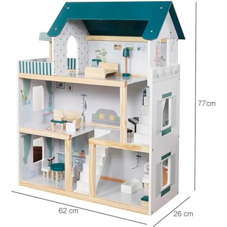 TikTakToo Großes Puppenhaus XXL Traumhaus Set aus Holz 17 TLG. für Kinder Puppenvilla 62x26,5x77, Fantasievolles Design, liebevoll ausgestattet – Bild 4