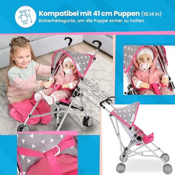 Kinderplay Puppenbuggy, Puppenwagen, Puppen Buggy - Leichte Stabile Konstruktion, Griffhöhe 54 cm, Modell KP0290 (KP0290S) – Bild 4