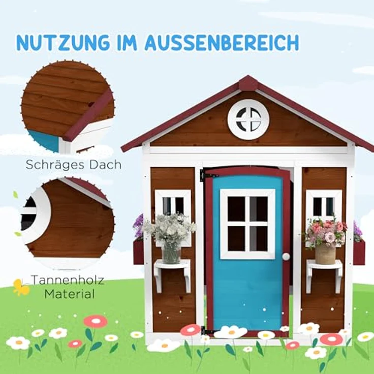 Outsunny Kinderspielhaus aus Holz, Outdoor Spielhaus mit Fenster, Blumenregal und Pflanzenkasten, für Kinder 3-8 Jahre, dunkelbraun – Bild 4