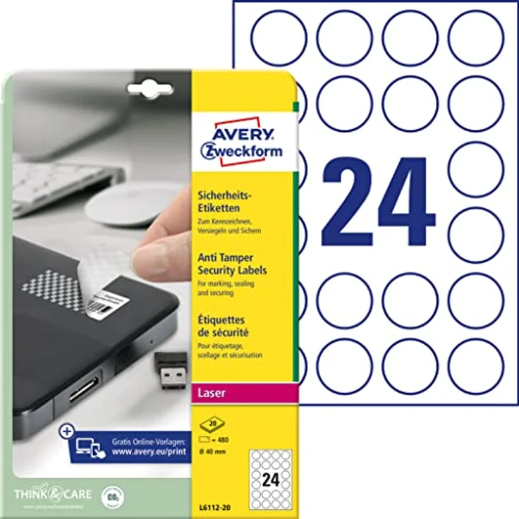 AVERY Zweckform L6112-20 Sicherheitsetiketten (480 Folienaufkleber, Ø40mm auf A4, stark selbstklebend, fälschungs-/manipulationssicher, bedruckbare Klebefolie) 20 Blatt, weiß – Bild 1