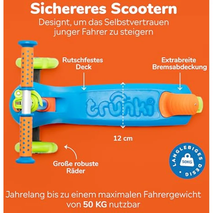 Trunki Faltroller, klappbarer 3-Rad-Scooter für Kinder von 2-6 Jahren, blau, höhenverstellbarer Lenker, leichte Aluminiumkonstruktion, hohe Stabilität – Bild 7