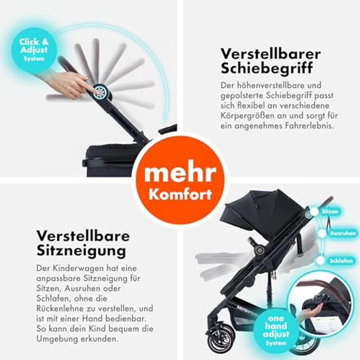 Daliya® NEOMOVE 2in1 Kombi-Kinderwagen, klappbare Babywanne und Sportsitz, große pannensichere Räder, stufenlos verstellbare Rückenlehne, leichter Alu-Rahmen, großer Einkaufskorb, Schwarz-Schwarz – Bild 3