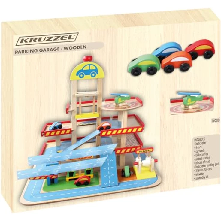 KRUZZEL Parkhaus 3-Ebene Auto Garage aus Holz für Kinder ab 3 Jahren, inklusive 4 Autos und Hubschrauber, mit Autowaschanlage und Tankstelle, Maße 40x50,5x46,5 cm – Bild 4