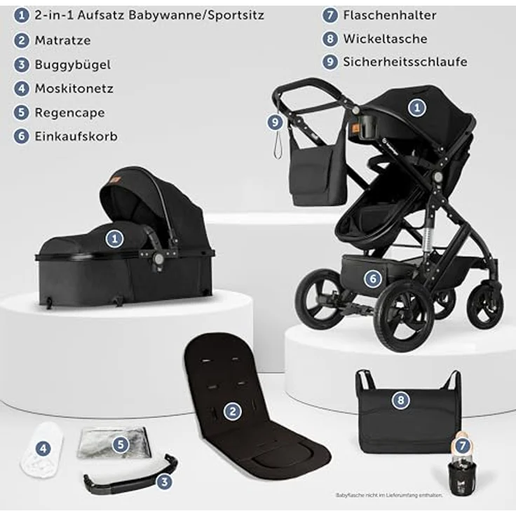 Bergsteiger Nizza 3 in 1 Kinderwagen, Kombikinderwagen Komplettset, Babywanne & Buggy Sportsitz inklusive, Auto-Babyschale & Isofix Station optional, grau – Bild 3